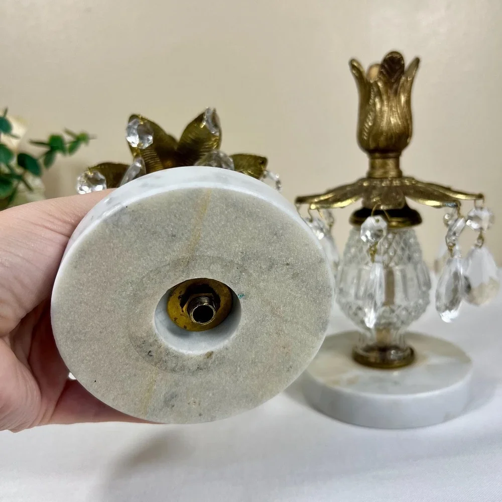 Vintage Glass Marble & Brass Candlestick Holders w/ Teardrop Pendants | Set of 2